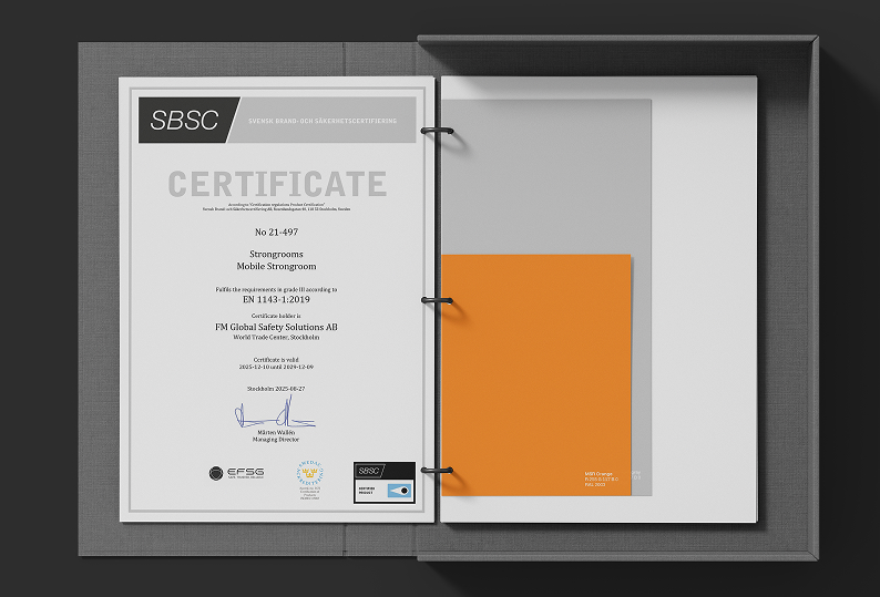 Framed Mobile Strongroom certification document