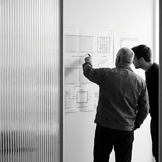 Person reviewing a container surface