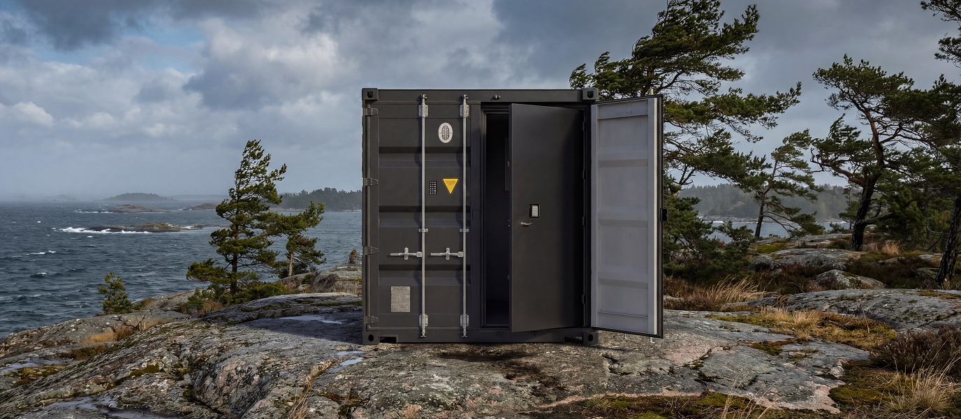 Mobile Strongroom container on rocky terrain by the sea