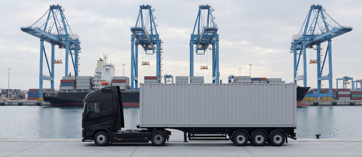 Truck carrying a container in a port